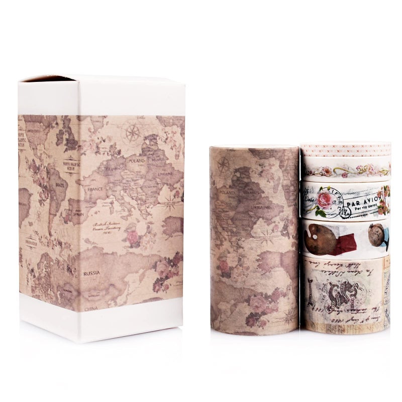 DAPUTOU 18 Rolls Vintage Washi Tape Set 75/30/15/10/5mm Wide Floral Map Stamp Letter Antique Retro Decorative Masking Tape Sets for Scrapbook  Craft Kids Scrapbooking Supplies - Image 4